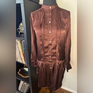 Banana Republic Burgundy Silk Drop Waist Long Sleeve Dress with Pockets | Size 0